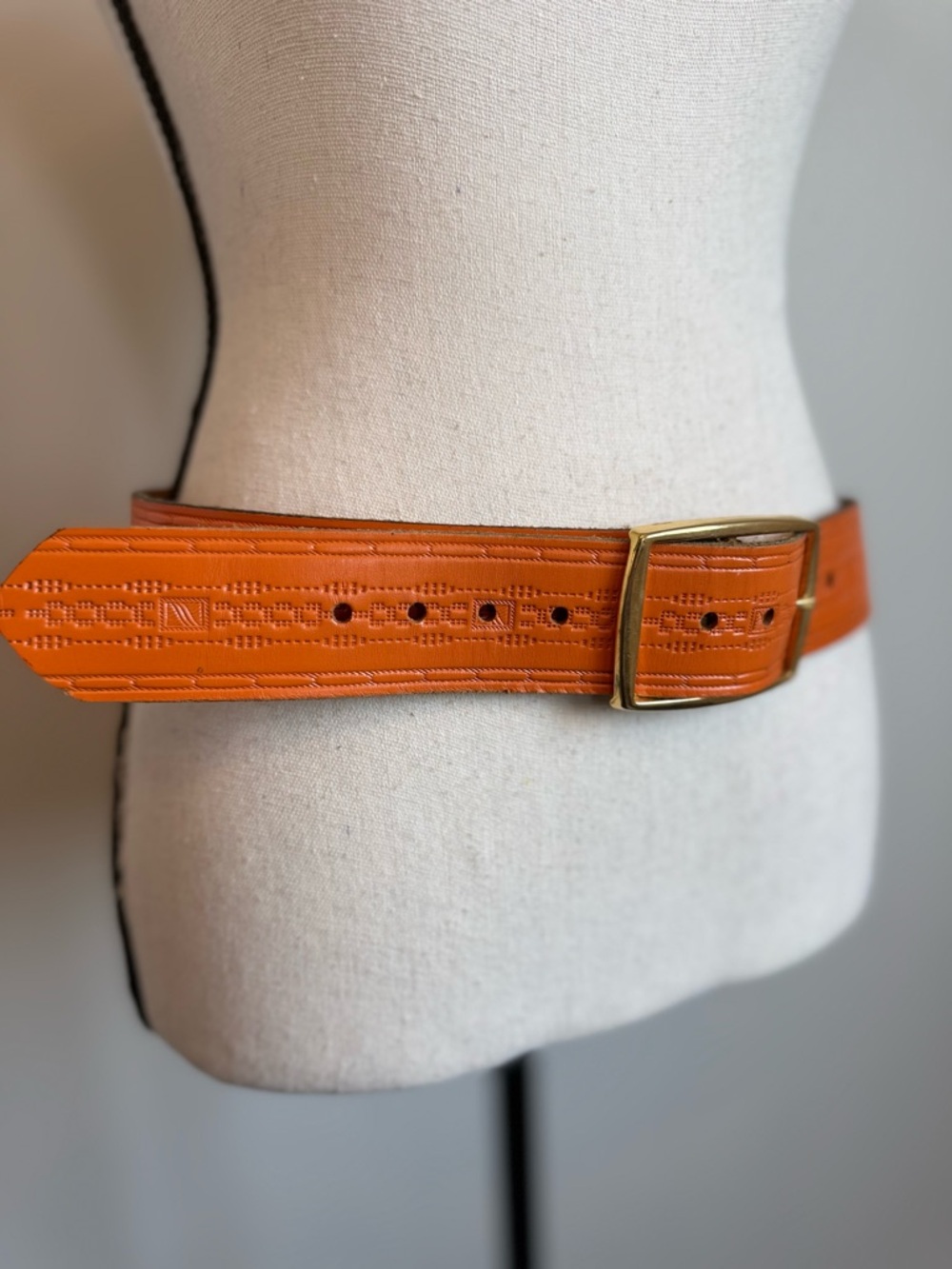 Carter Belt Top Grain Cowhide Leather Orange Embossed Wide Belt Brass Buckle